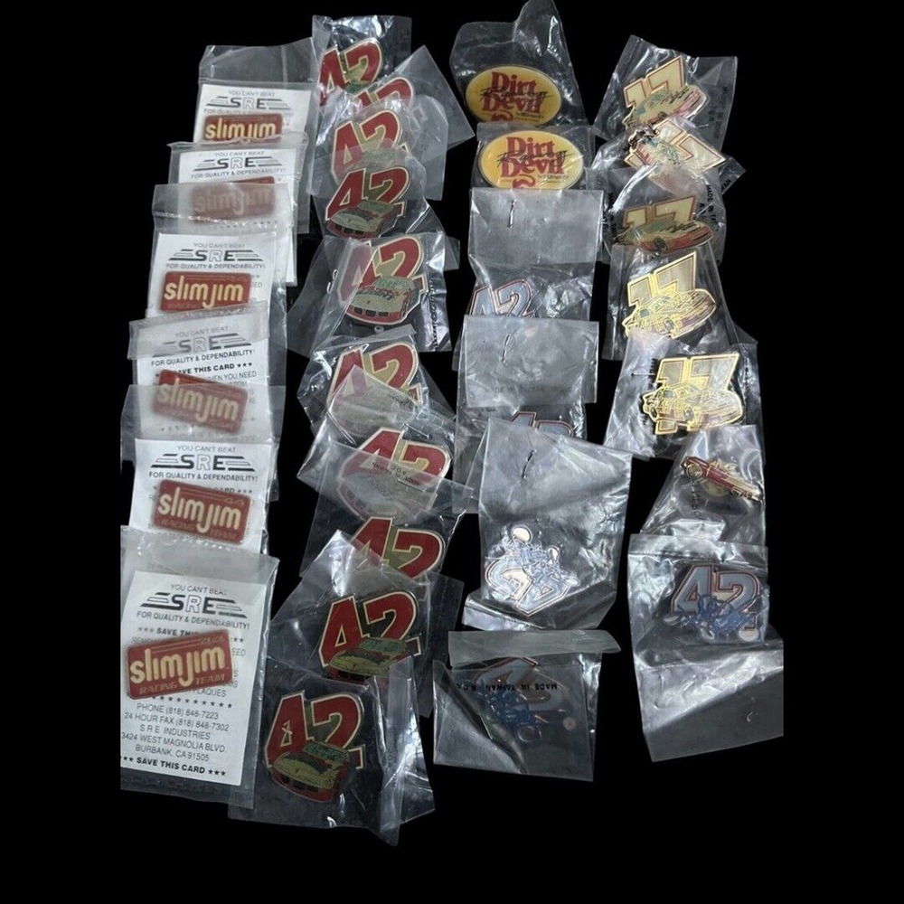 Vintage NASCAR Advertising Racing pins Slim Jim ~ Dirt Devil~ Racing~ Lot of 29